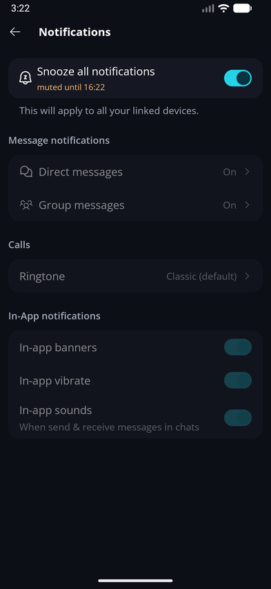 Notifications π Β· Mobile While snoozed, the settings below Snooze all notifications can't be changed.